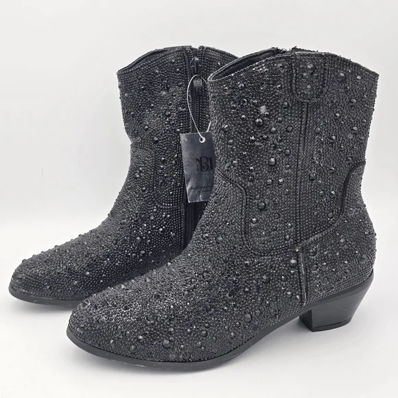 NWT Badgley Mischka Girls’ Sparkly Cowgirl Boots, Black Rhinestones - Picture 4 of 16